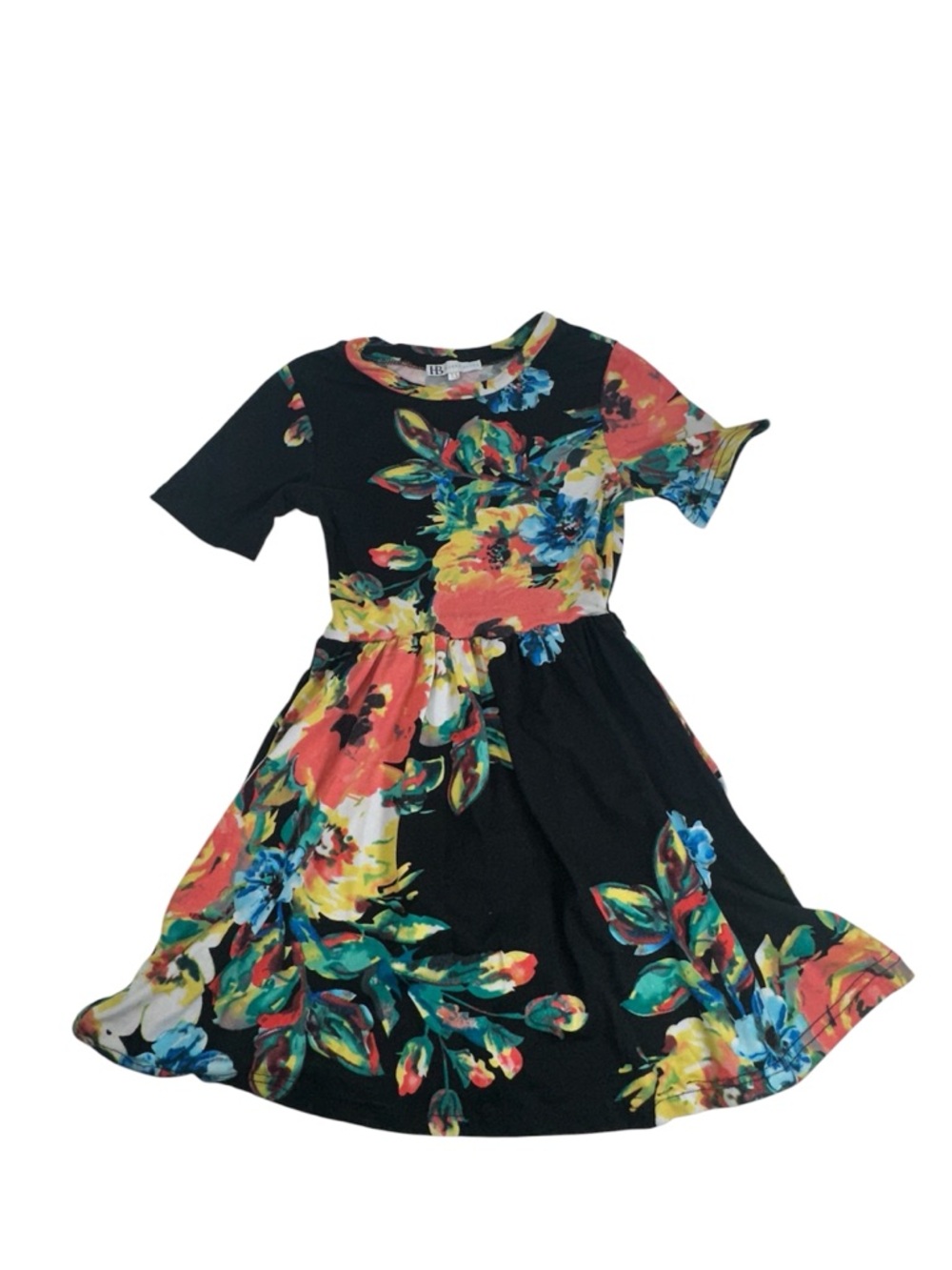 Hazel Blues Floral Short Sleeve Dress Black Multicolor Fit Flare Pockets Size XS
